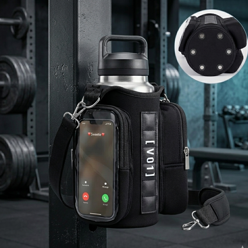 Black crossbody bag with phone case and water bottle holder in a gym setting