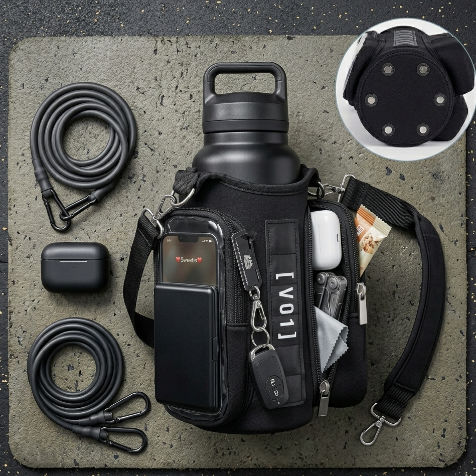 Black tactical pouch with various items on a textured surface