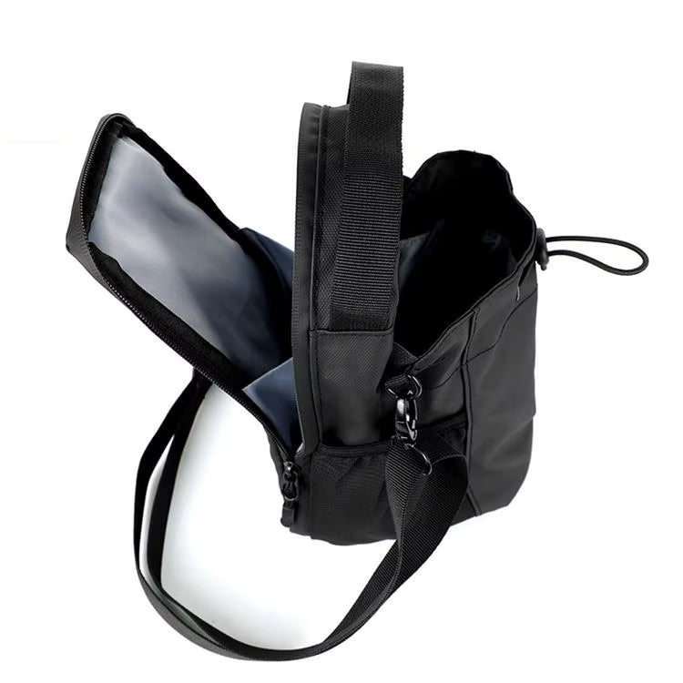 Black bag with a clear plastic cover on a white background