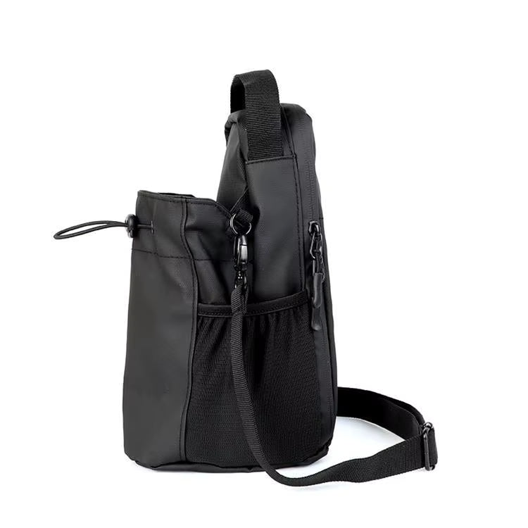 Black backpack with multiple pockets on a white background