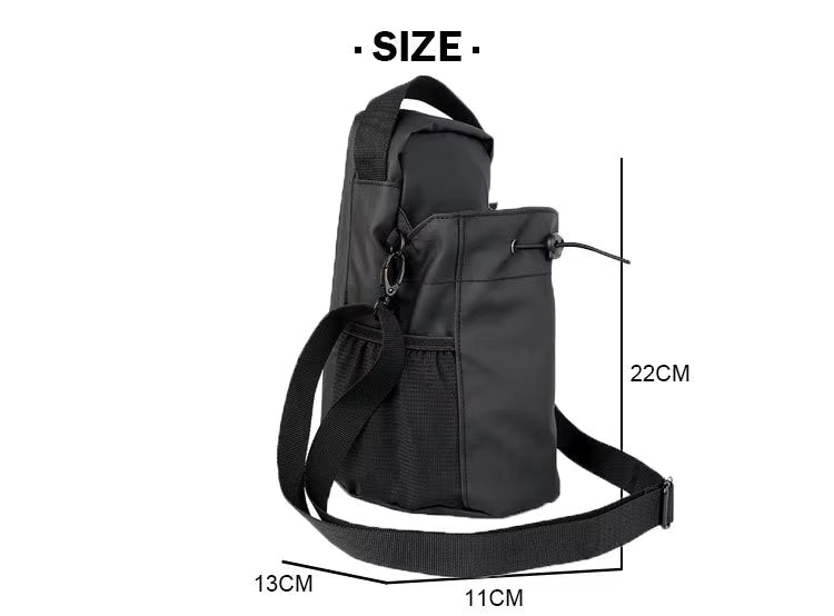 Black sling bag with measurements on a white background