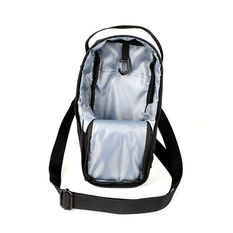 Black crossbody bag with a clear front pocket on a white background